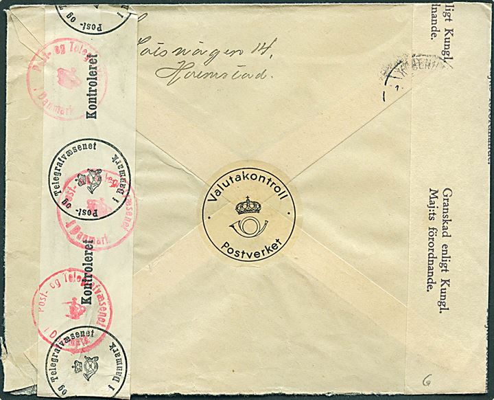 20 öre Gustaf (2) på anbefalet brev fra Halmstad d. 18.9.1940 til København, Danmark. Åbnet af både svensk valutakontrol og dansk censur.