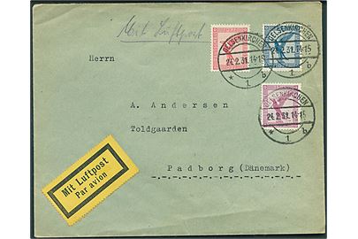 10 pfg., 15 pfg. og 20 pfg. Luftpost på luftpostbrev fra Gelsenkirschen d. 24.2.1931 til Padborg, Danmark.