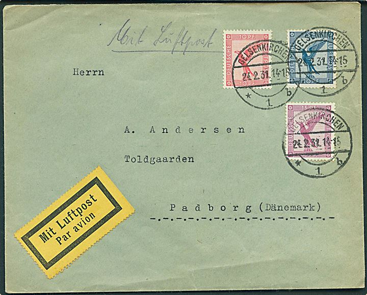 10 pfg., 15 pfg. og 20 pfg. Luftpost på luftpostbrev fra Gelsenkirschen d. 24.2.1931 til Padborg, Danmark.