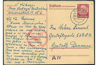 15 pfg. spørgedel af dobbelt helsagsbrevkort fra Posen d. 8.7.1942 til Gentofte, Danmark. Tysk censur fra Hamburg.
