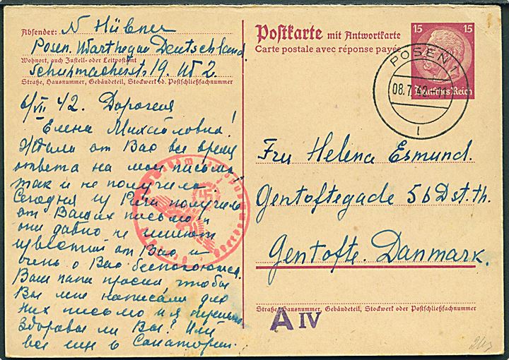 15 pfg. spørgedel af dobbelt helsagsbrevkort fra Posen d. 8.7.1942 til Gentofte, Danmark. Tysk censur fra Hamburg.