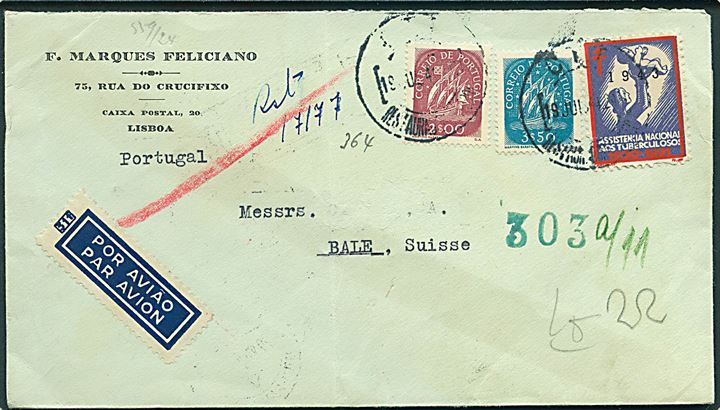 $2 og $3.50 , samt Anti-Tuberkulose mærkat på anbefalet luftpostbrev fra Lissabon d. 18.7.1944 Basel, Schweiz. Åbnet af tysk censur i Berlin. 