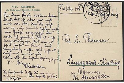 Ufrankeret feltpostbrevkort stemplet Kais. Deutsche Marineschiffspost No. 201 d. 6.5.1918 til Baurup. Fra sønderjysk Ob. Masch. Maat Frederiksen ombord på den lette krydser SMS Regensburg.