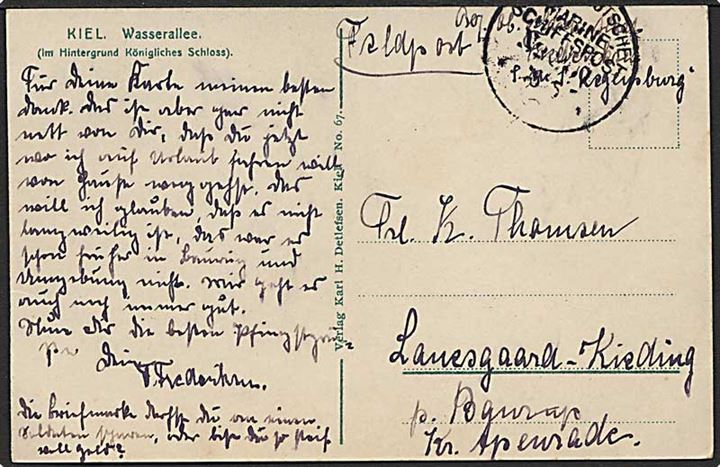 Ufrankeret feltpostbrevkort stemplet Kais. Deutsche Marineschiffspost No. 201 d. 6.5.1918 til Baurup. Fra sønderjysk Ob. Masch. Maat Frederiksen ombord på den lette krydser SMS Regensburg.