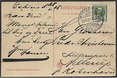 5 øre Fr. VIII på brevkort fra Esbjerg annulleret med bureaustempel Fredericia - Struer T.1032 d. 28.6.1908 til Hellerup.