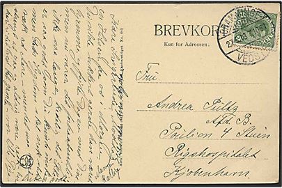 5 øre Chr. X på brevkort fra Ribe annulleret med bureaustempel Bramminge - Vedsted T.1061 d. 27.5.1918 til København.