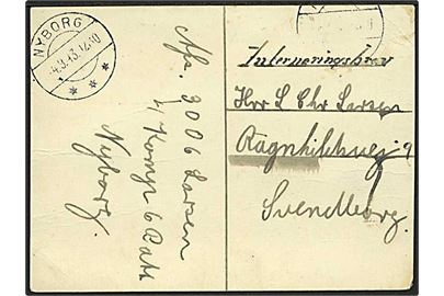 Ufrankeret Interneretbrev brevkort stemplet Nyborg d. 4.3.1943 fra interneret soldat fra 4. Komp. 6. Batl. i Nyborg til Svendborg. Sjældent interneringssted.