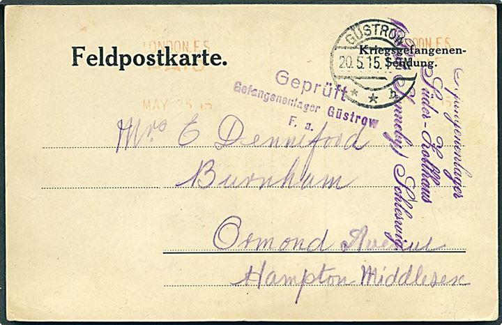 Ufrankeret fortrykt krigsfangebrevkort fra britisk krigsfange i arbejdslejr Süder-Zollhaus ved Flensburg censureret og udsendt via hovedlejr Güstrow d. 20.5.1915 via London til Hampton, England.