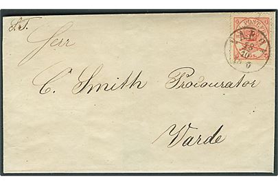 4 sk. Krone/Scepter på landpostbrev med påskrevet “4 ß” under mærke annulleret med antiqua Varde d. 18.10.1870 til Varde. Smukt eksempel på annullering m. bystempel. Daka 1250,-