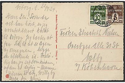 5 øre og 10 øre Bølgelinie på brevkort annulleret med brotype IIIb stempel Viborg JB.P.E. d. 22.7.1924 til København.