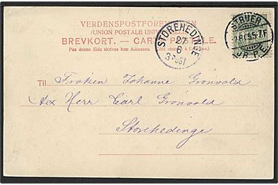 5 øre Våben på brevkort annulleret med brotype Ia stempel Struer JB.P.E. d. 27.6.1905 til Storeheddinge. Ank.-stemplet med lapidar stempel Storehedinge d. 27.6.1905.