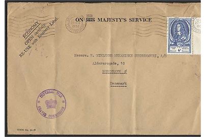 4 fr. Postkongres single på britisk tjenestekuvert fra Imperial War Graves Commission i Bruxelles d. 23.7.1952 til København, Danmark.