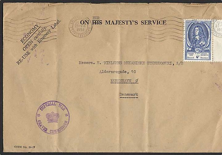 4 fr. Postkongres single på britisk tjenestekuvert fra Imperial War Graves Commission i Bruxelles d. 23.7.1952 til København, Danmark.