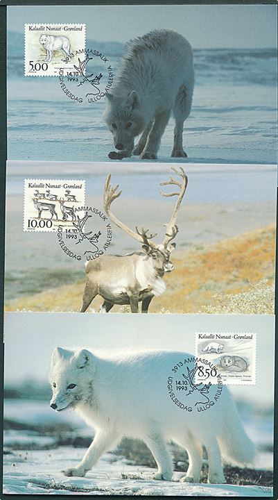 Grønlandske dyr. 3 maxikort fra Grønlands Postvæsen 44/93, 43/93 & 42/93.