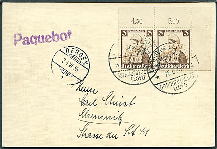 Tysk 3+2 pfg. Velgørenhed (par) på filatelistisk brevkort annulleret med tysk skibsstempel d. 26.6.1936 og sidestemplet Bergen d. 29.6.1936 og Paquebot til Chemnitz, Tyskland.
