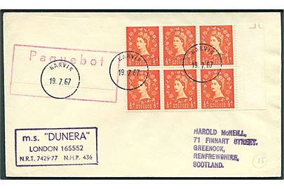 Engelsk ½d Elizabeth i 6-blok på filatelistisk skibsbrev annulleret med norsk stempel i Narvik d. 19.7.1967 og sidestemplet POaquebot til Scotland. Sendt fra M/S Dunera.