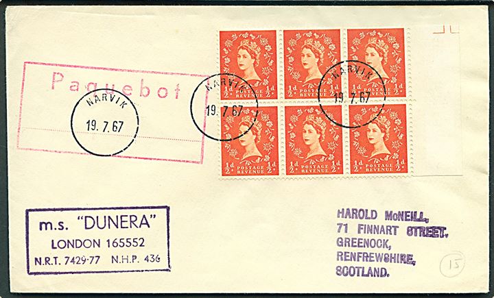 Engelsk ½d Elizabeth i 6-blok på filatelistisk skibsbrev annulleret med norsk stempel i Narvik d. 19.7.1967 og sidestemplet POaquebot til Scotland. Sendt fra M/S Dunera.