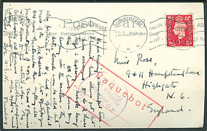 1d George VI på brevkort (Merok) annulleret Hammerfest d. 20.7.1938 og sidestemplet Paquebot til London, England. Privat skibsstempel fra S/S Arandora Star d. 20.7.1938.