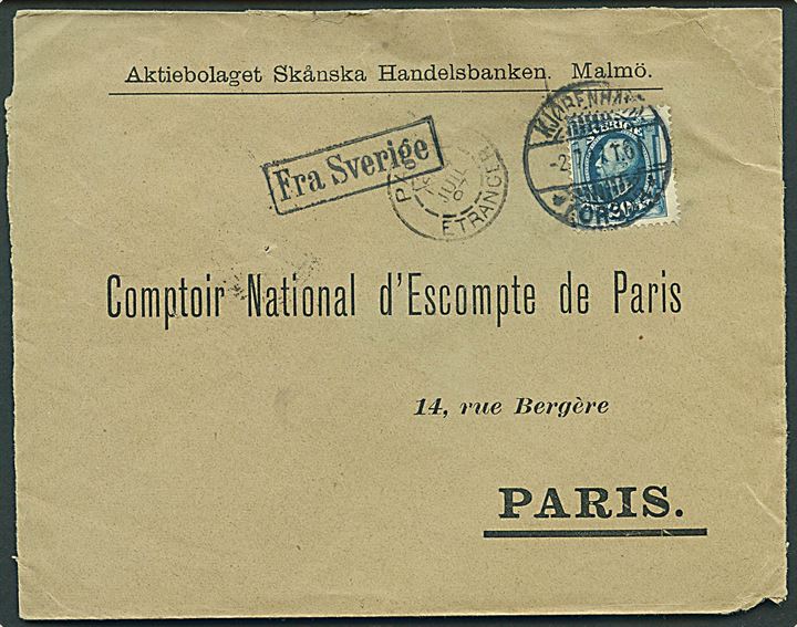 20 öre Oscar II på brev fra Malmö annulleret med dansk bureaustempel Kjøbenhavn - *Korsør* T.61 d. 2.7.1897 og sidestemplet Fra Sverige til Paris, Frankrig.