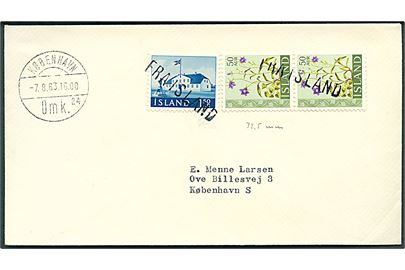50 aur (par) og 1,50 kr. på skibsbrev annulleret Fra Island og sidestemplet København d. 7.8.1963 til København.