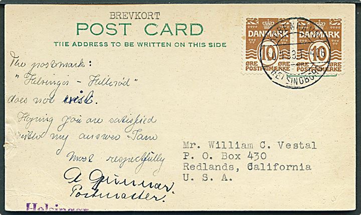 10 øre Bølgelinie i parstykke på brevkort annulleret med bureaustempel København - Helsingborg T.406 d. 20.1.1933 til Redlands, USA.