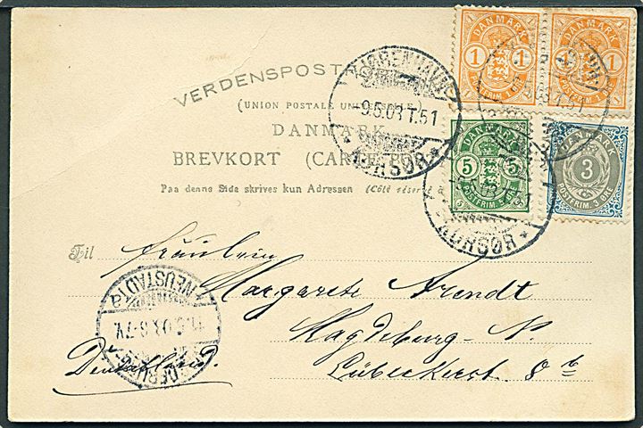 1 øre (par) og 5 øre Våben og 3 øre Tofarvet på brevkort fra Kjøbenhavn annulleret med bureaustempel Kjøbenhavn - * Korsør * T.51 d. 9.5.1903 til Magdeburg, Tyskland.