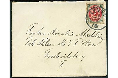 4 øre Tofarvet på brev annulleret med lapidar Lyngby d. 1.7.1897 til Frederiksberg.