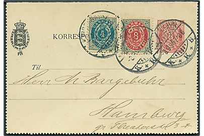 8 øre helsags korrespondancekort opfrankeret med 4 øre omv. rm. og 8 øre ret rm. Tofarvet stemplet Kjøbenhavn d. 3.9.1896 til Hamburg, Tyskland.