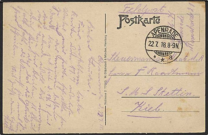 Ufrankeret feltpostkort stemplet Apenrade **a d. 22.7.1918 til sønderjyde ombord på S.M.S. Augsburg i Kiel. Krydseren Augsburg var tilknyttet ubådsskolen i Kiel.