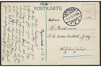 Ufrankeret feltpostbrevkort stemplet Apenrade **C d. 1.2.1916 til sønderjyde ombord på S.M. Minensuchboot Georg i Wilhelmshaven.