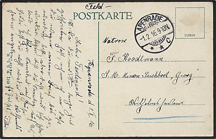 Ufrankeret feltpostbrevkort stemplet Apenrade **C d. 1.2.1916 til sønderjyde ombord på S.M. Minensuchboot Georg i Wilhelmshaven.