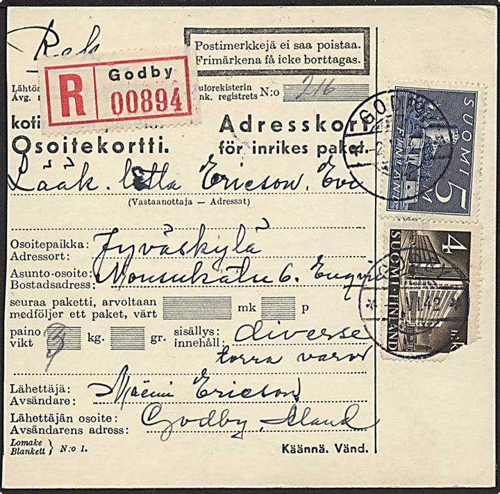 Åland. 4 mk. (mgl. hjørne) og 5 mk. på indenrigs adressekort for anbefalet pakke fra Godby d. 2.6.1942 til Jyväskylä.