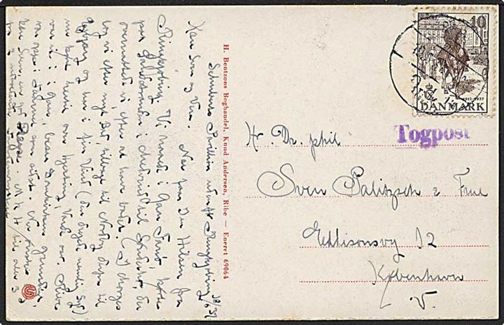 10 øre Chr. X regentjubilæum på brevkort dateret Ringkøbing og annulleret København Omk d. 19.6.1937 og sidestemplet Togpost til København.