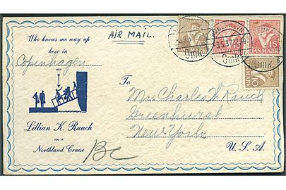 10 øre (2) og 15 øre (2) Tavsen på illustreret kuvert Lillian K. Rauch on a Northland Cruise stemplet København d. 3.5.1937 til New York, USA.