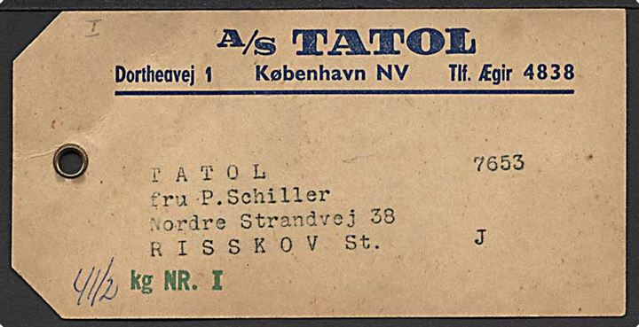 120 øre Danske Statsbaner jernbanemærke med perfin TL stemplet d. 13.2.1958 på manila-mærke fra A/S Tatol i København til Risskov. 