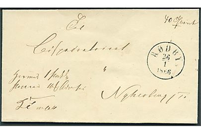 1866. Ufrankeret pakkefølgebrev for tjenestepakke på 40 Qvint mærket K.T.m.a. med antiqua Rødby d. 26.1.1866 til Nykjøbing Falster.