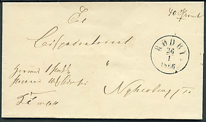 1866. Ufrankeret pakkefølgebrev for tjenestepakke på 40 Qvint mærket K.T.m.a. med antiqua Rødby d. 26.1.1866 til Nykjøbing Falster.