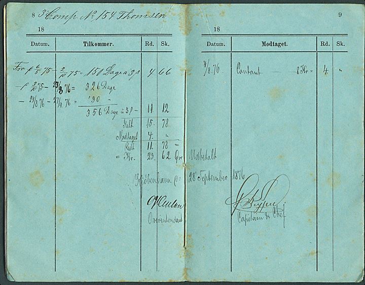 Afregningsbog for soldat ved 1' Ingenieur Bataillons 3' Compagnie med regnskab for tjeneste i 1875-76.