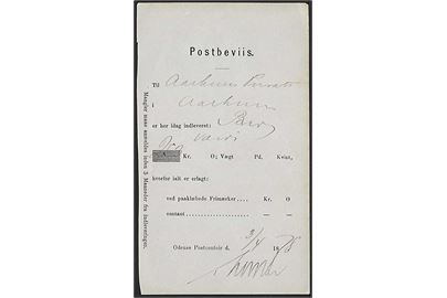 Postbeviis for afsendelse af værdibrev fra Odense d. 3.4.1878 til Aarhus.