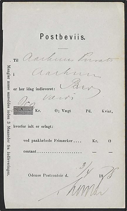 Postbeviis for afsendelse af værdibrev fra Odense d. 3.4.1878 til Aarhus.