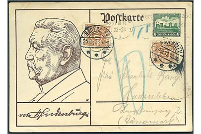 6 pfg. Hindenburg helsagsbrevkort sendt underfrankeret fra Schleswig d. 23.10.1932 til Haderslev, Danmark. Udtakseret i porto med 10 øre (2) Portomærke stemplet Haderslev d. 235.10.1932