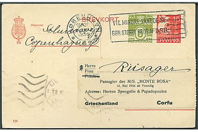15+5 øre provisorisk helsagsbrevkort (fabr. 116) fra København d. 9.5.1936 til passager ombord på det tyske turistskib M/S Monte Rosa på Corfu, Grækenland.
