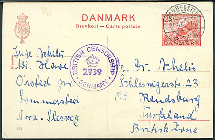 25 øre Kæmpehøj helsagsbrevkort (fabr. 155) fra Sommersted d. 24.4.1947 til Rendsburg, Tyskland. Britisk efterkrigscensur i Tyskland. Hj. knæk.