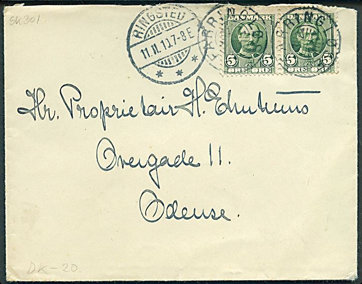 5 øre Fr. VIII i parstykke på brev annulleret med stjernestempel FARRINGLØSE (type II) og sidestemplet Ringsted d. 11.11.1910 til Odense.