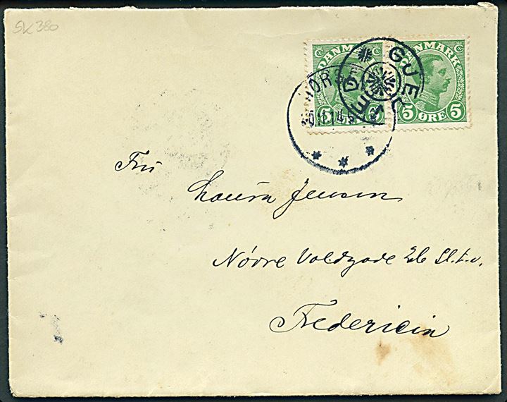 5 øre Chr. X i parstykke på brev annulleret med stjernestempel GJEDVED og sidestemplet Horsens d. 30.11.1914 til Fredericia.