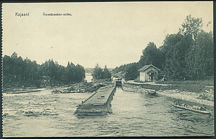 10 pen. Våben på brevkort (Kajaani, Ämmäkosken-sulku) annulleret med 2-sproget stempel Sund d. 24.12.1913 til Mariehamn.