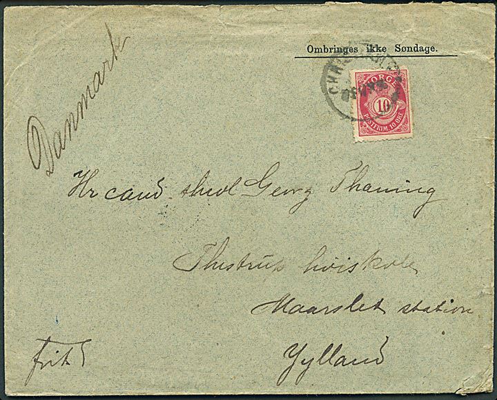 10 øre Posthorn på fortrykt kuvert Ombringes ikke Søndage fra Christiania d. 17.9.1896 til Mårslet, Danmark.