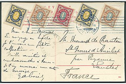 1 öre (2), 2 öre (2) og 4 öre Ciffer på brevkort (Lorensbergs Restaurant, Göteborg) fra Göteborg d. 31.8.1908 til Frankrig.