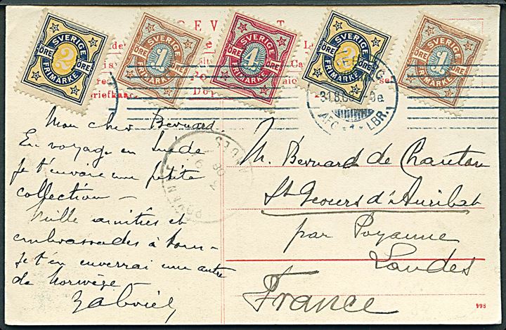 1 öre (2), 2 öre (2) og 4 öre Ciffer på brevkort (Lorensbergs Restaurant, Göteborg) fra Göteborg d. 31.8.1908 til Frankrig.