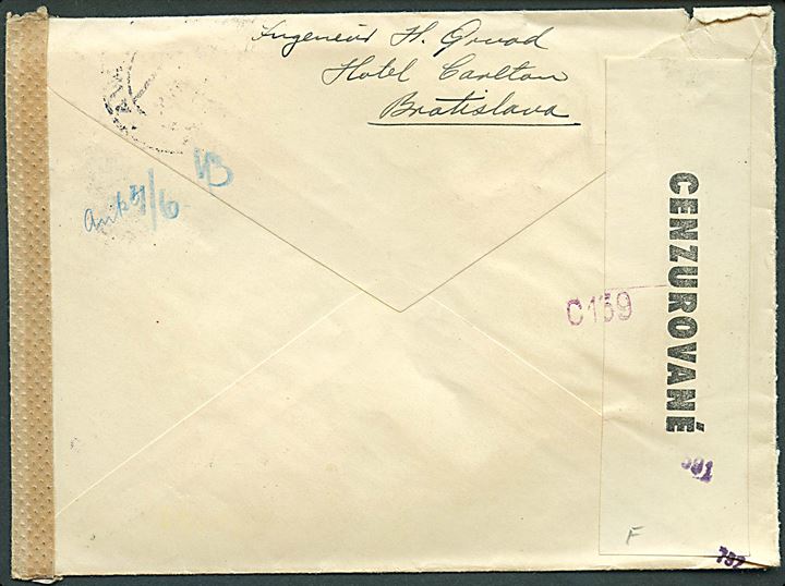 70 h. Tiso og 2 ks. Bojnice på brev fra Bratislava d. 25.5.1941 til Aarhus, Danmark. Dobblet censureret med både slovakisk og tysk banderole.